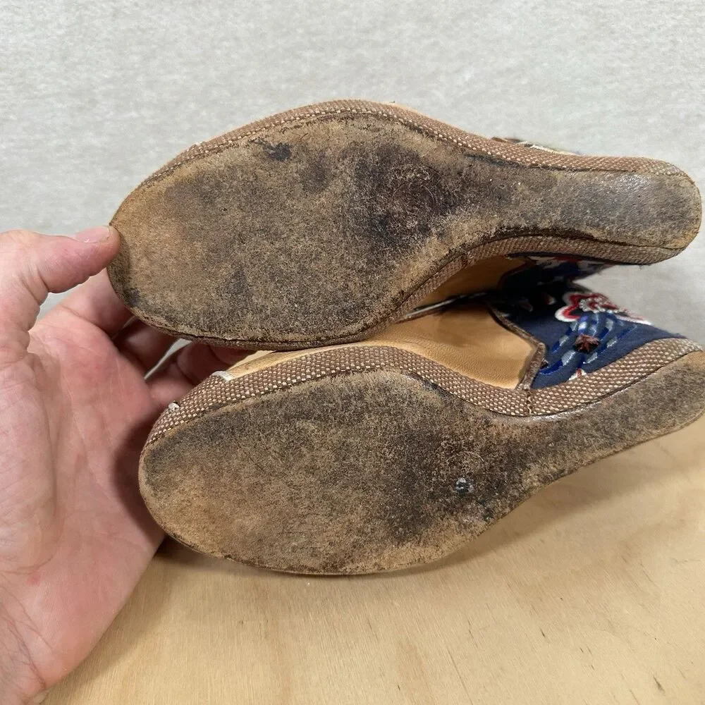 Dries Van Noten Leather Wedge Heels Round Close Toe Tan Blue Embroidered EU 36.5